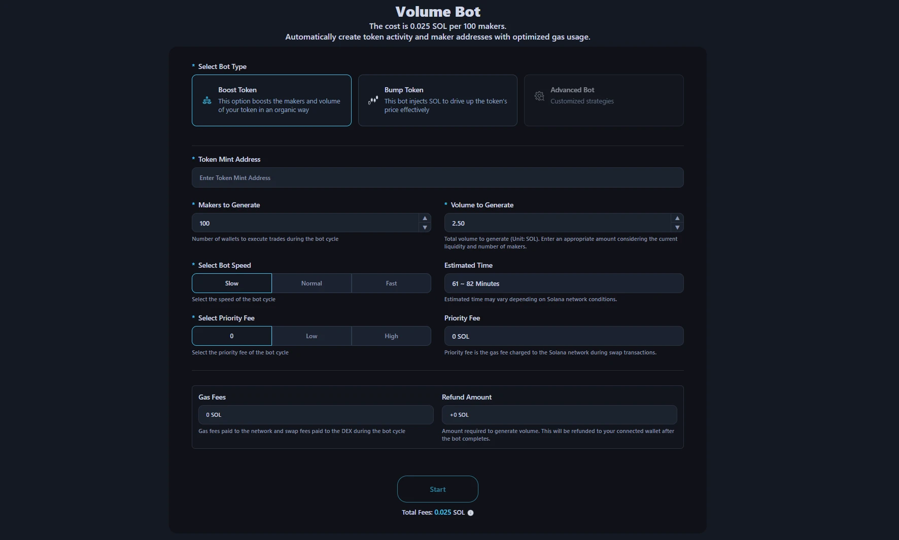 This image shows the Alphecca volume bot interface.
