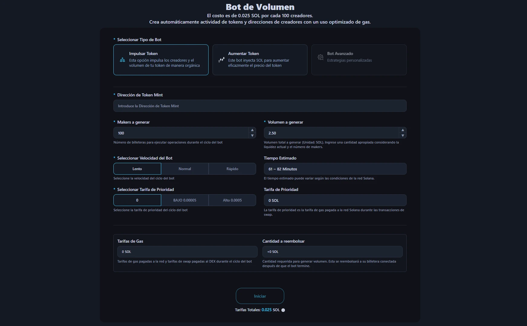 Esta imagen muestra la interfaz del Volume Bot de Alphecca.