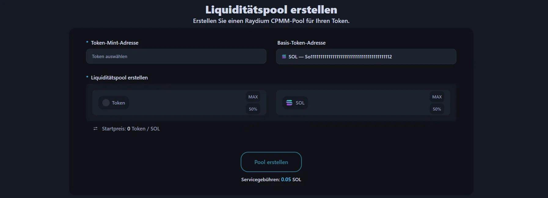 Bild zeigt die Alphecca Liquiditätspool-Erstellungsoberfläche.