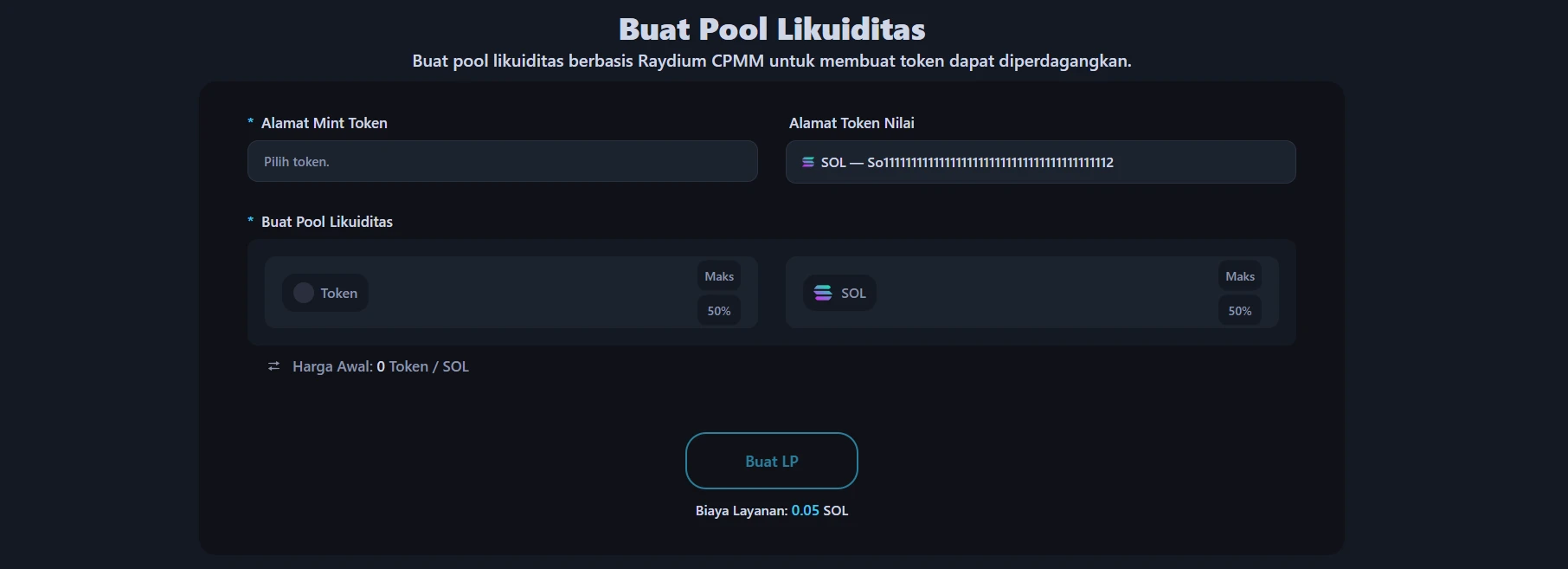 Gambar menunjukkan antarmuka pembuatan liquidity pool Alphecca.