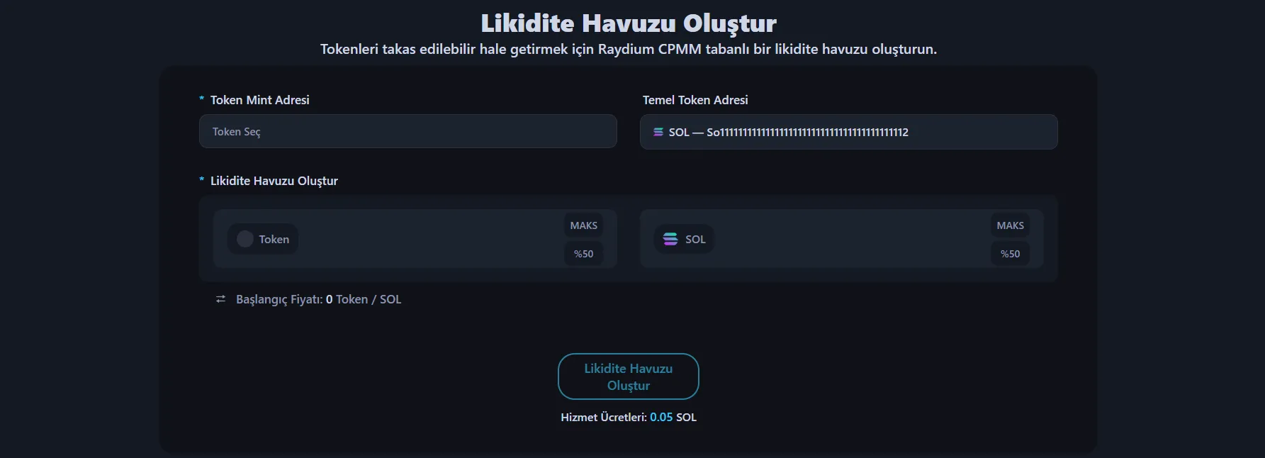 Görsel Alphecca likidite havuzu oluşturma arayüzünü gösteriyor.