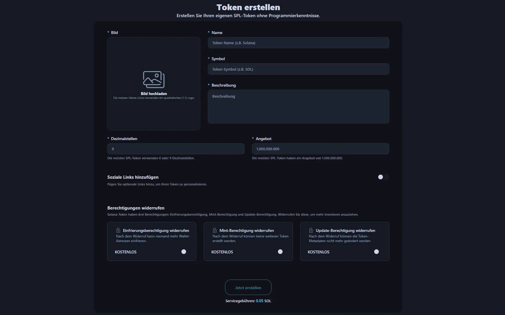 Bild zeigt die Alphecca Token-Erstellungsoberfläche.