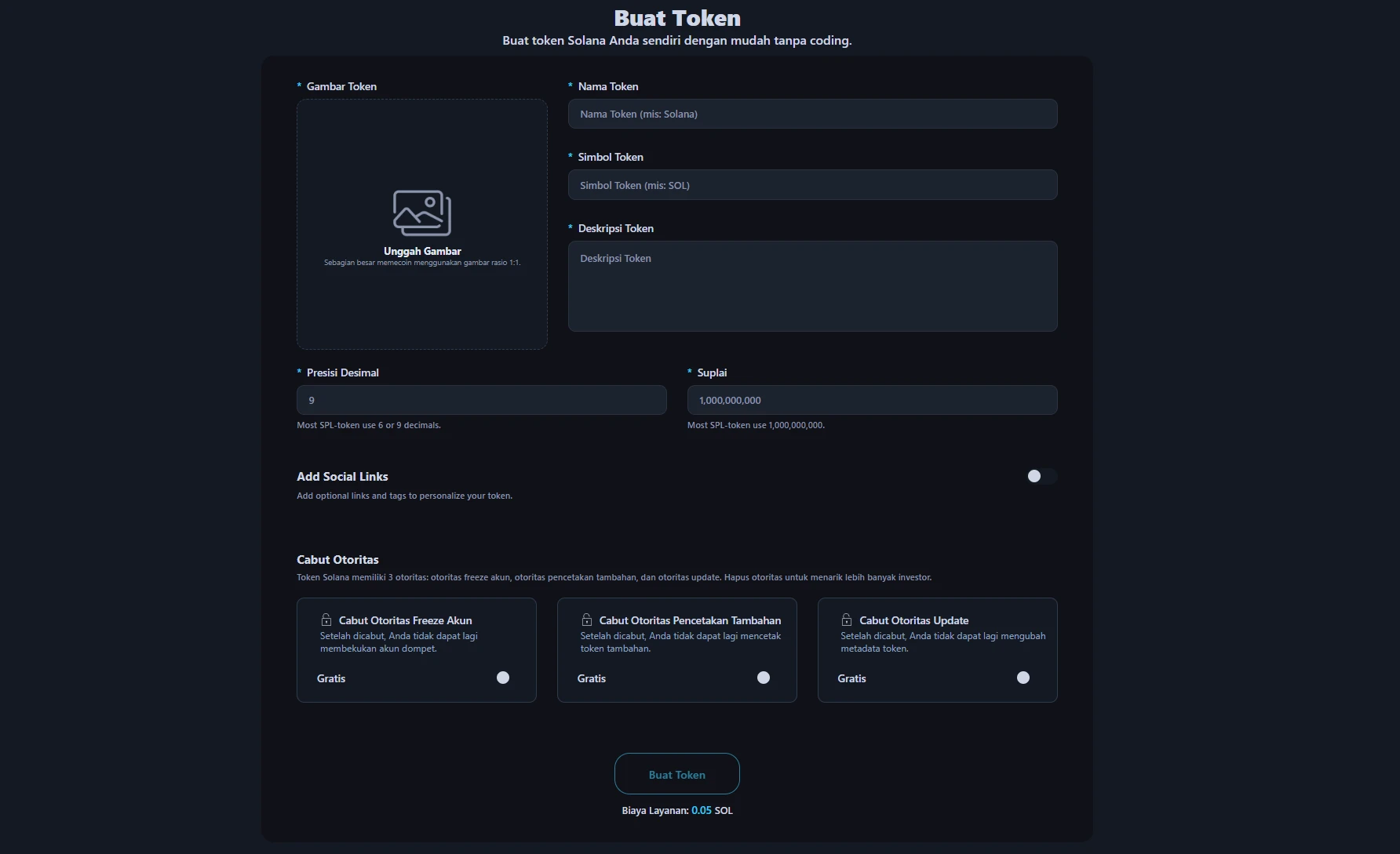 Gambar menunjukkan antarmuka pembuatan token Alphecca.