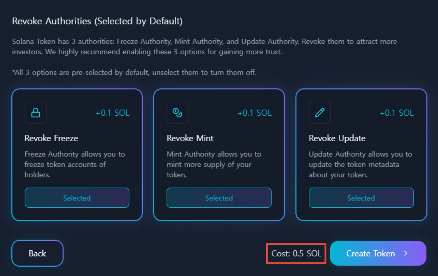Image shows token creation costs on other platforms.