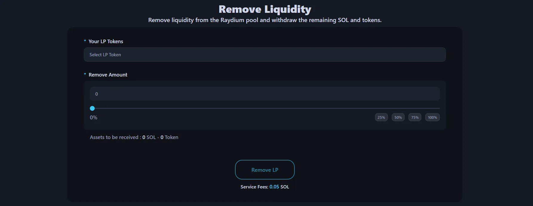 Image shows Alphecca liquidity removal interface.
