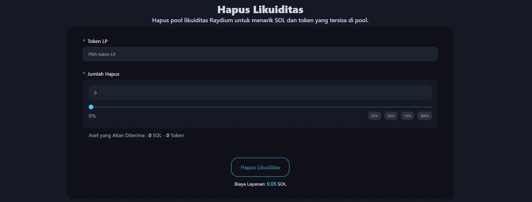 Gambar menunjukkan antarmuka penghapusan likuiditas Alphecca.
