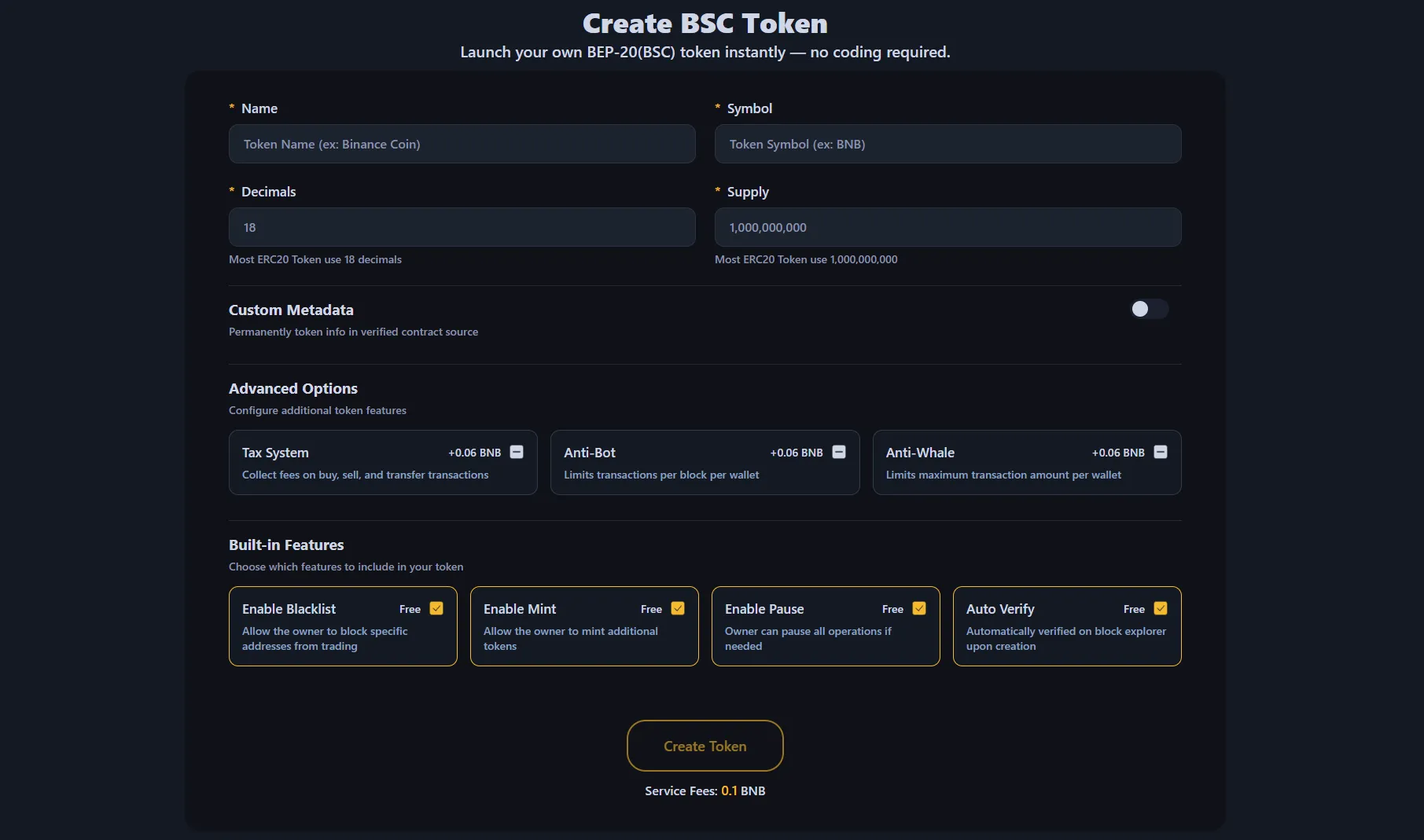 Image shows the Binance token creation interface.