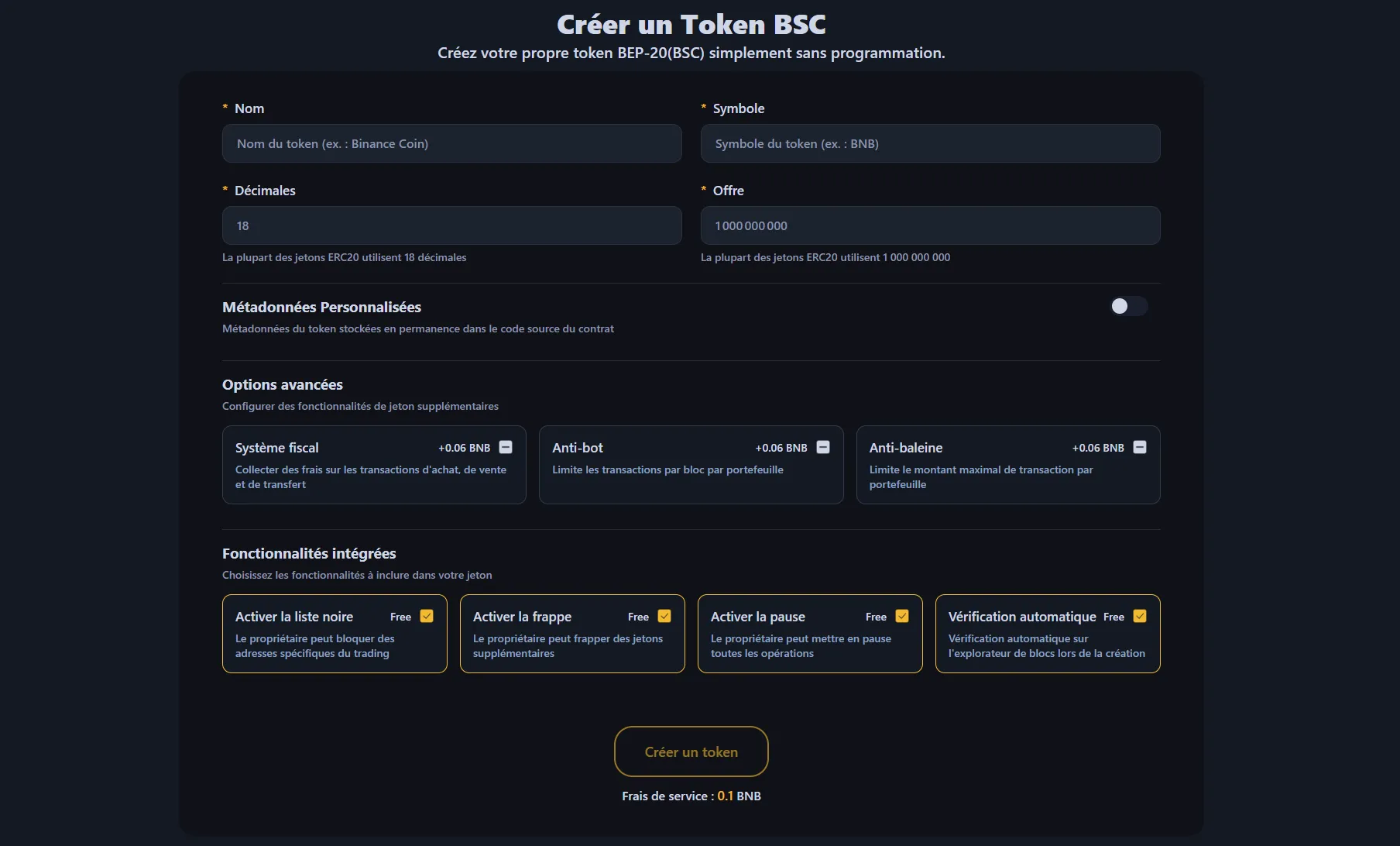 L'image montre l'interface de création de token Binance.