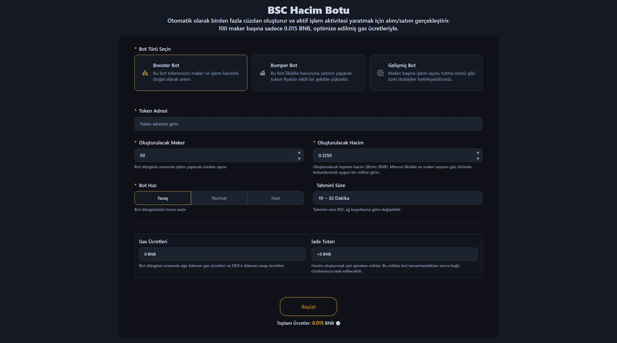 BSC Hacim Botu (BNB Hacim Botu veya Binance Hacim Botu olarak da bilinir) arayüz ekranı. BEP20 tokenları otomatik olarak güçlendiren bir araç