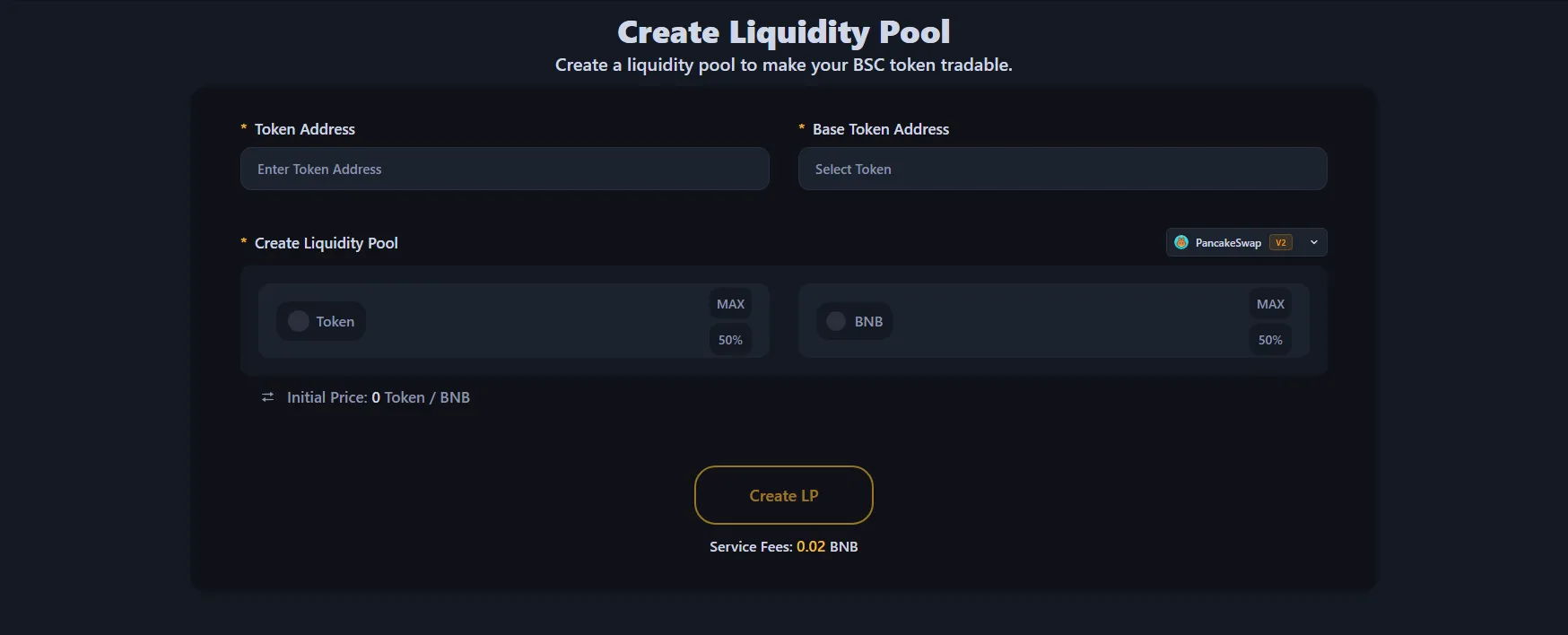 Interface of the BNB Chain liquidity pool creation tool.