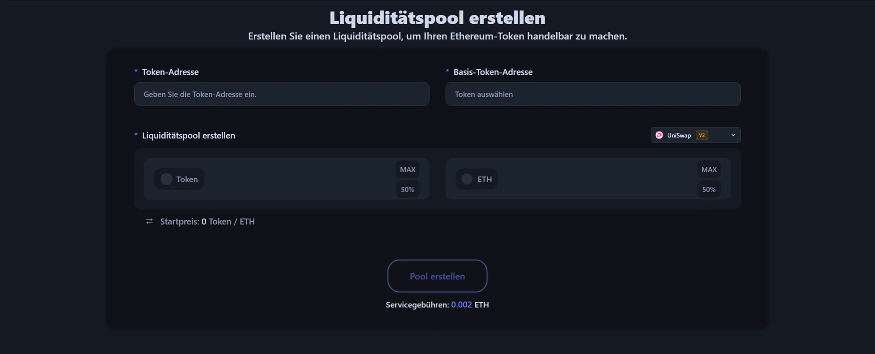 Benutzeroberfläche des Ethereum Liquiditätspool-Erstellungstools