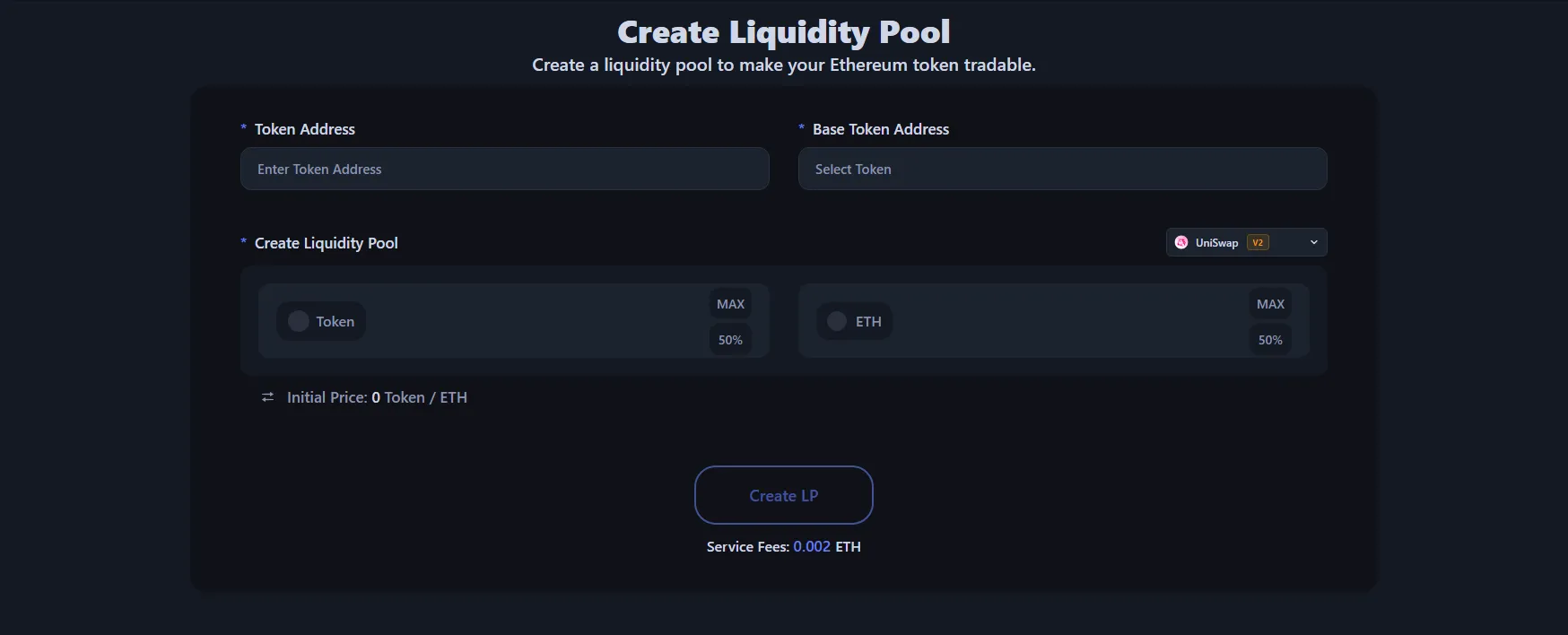Interface of the Ethereum liquidity pool creation tool.