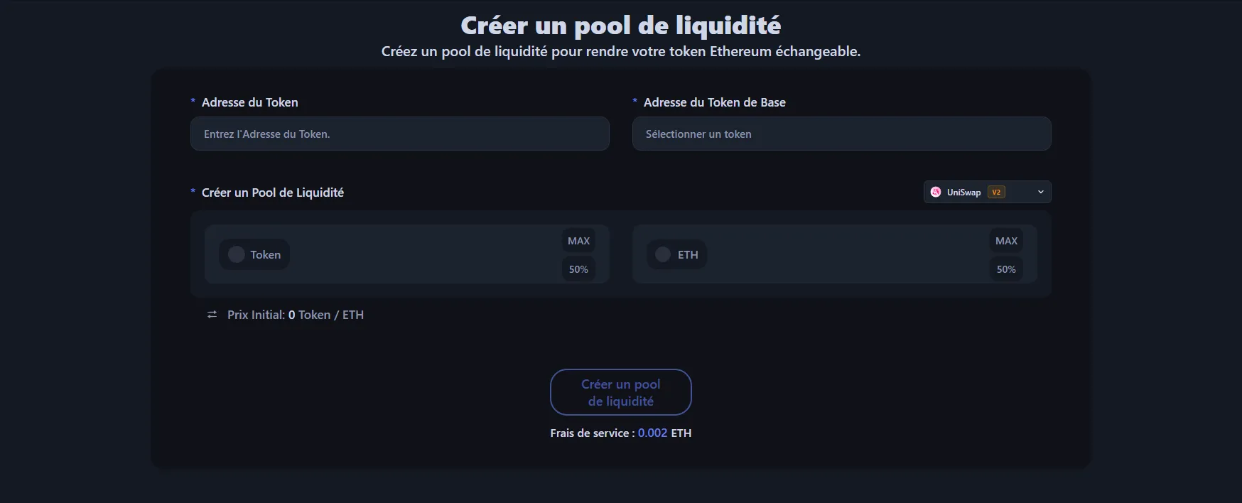 Interface de l'outil de création de pool de liquidité Ethereum