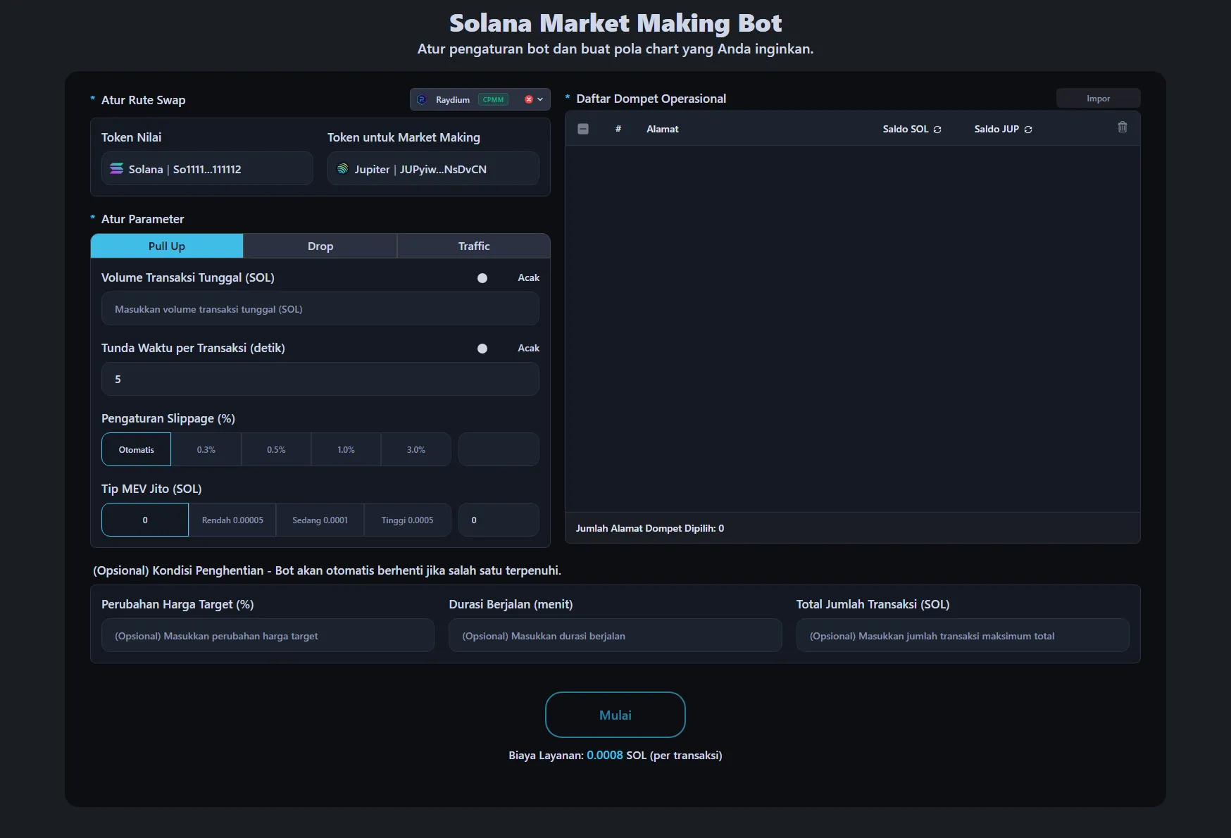 Gambar menunjukkan antarmuka Bot Market Making Solana dari Alphecca Tool.