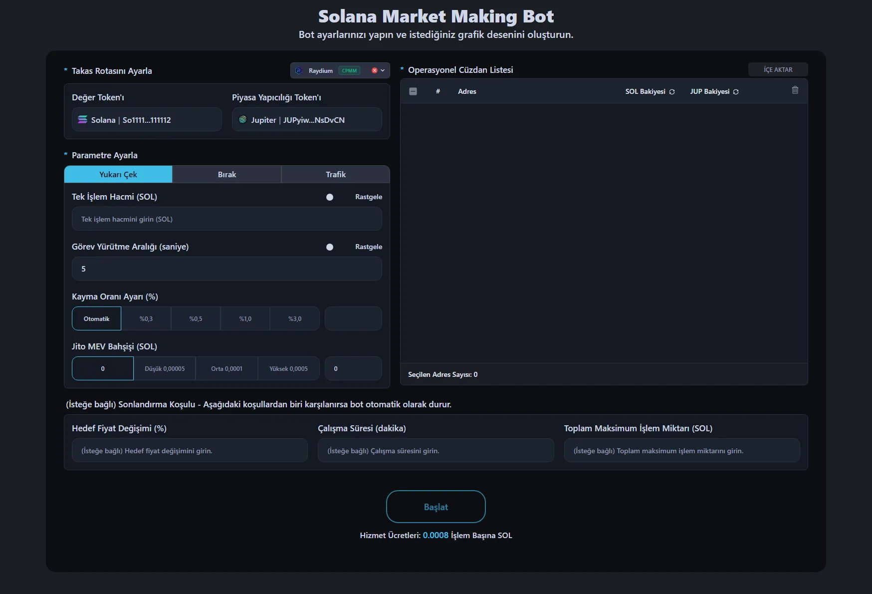 Görüntü, Alphecca Tool'un Solana Market Making Bot arayüzünü göstermektedir.