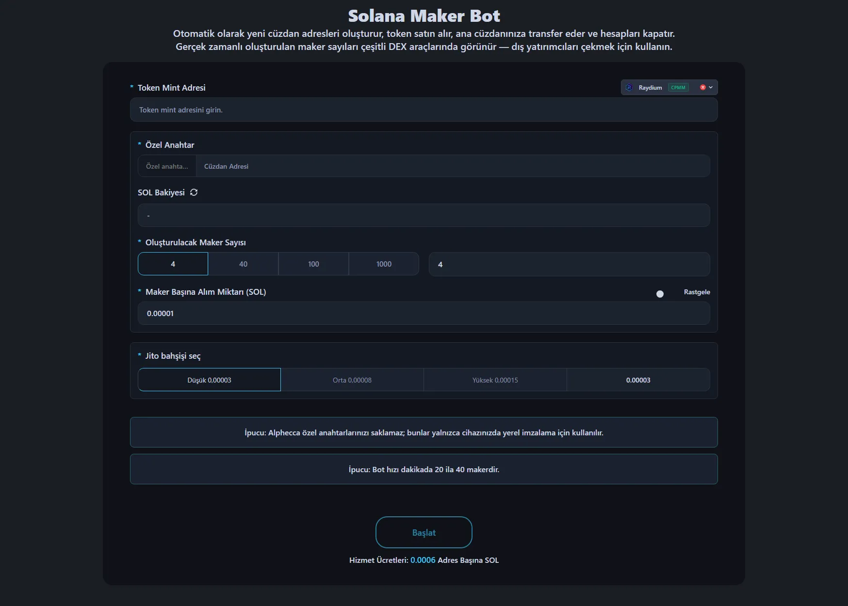Görüntü, Alphecca Tool'un Solana Maker Bot arayüzünü göstermektedir.