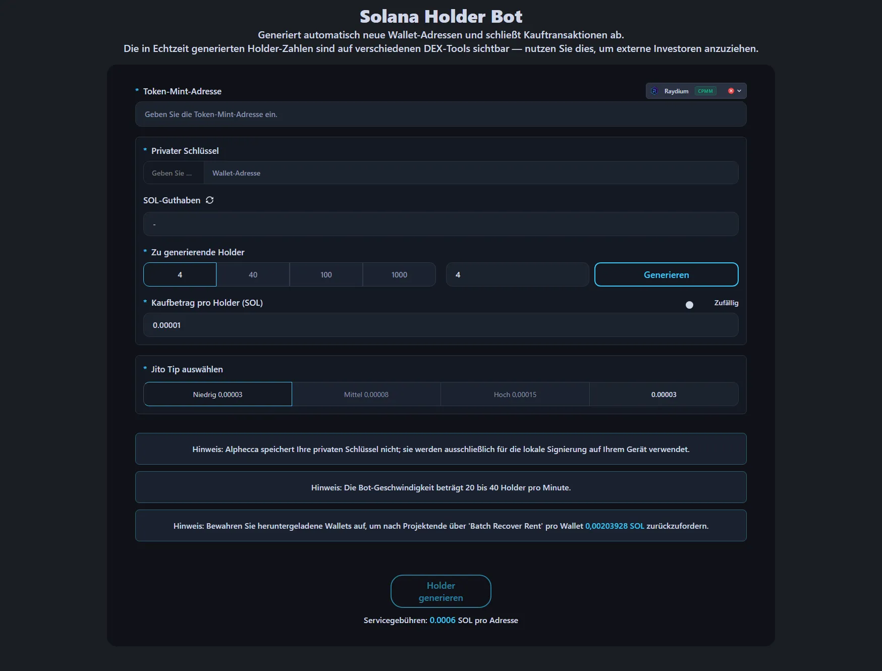Das Bild zeigt die Benutzeroberfläche des Solana Holder Bots von Alphecca Tool.