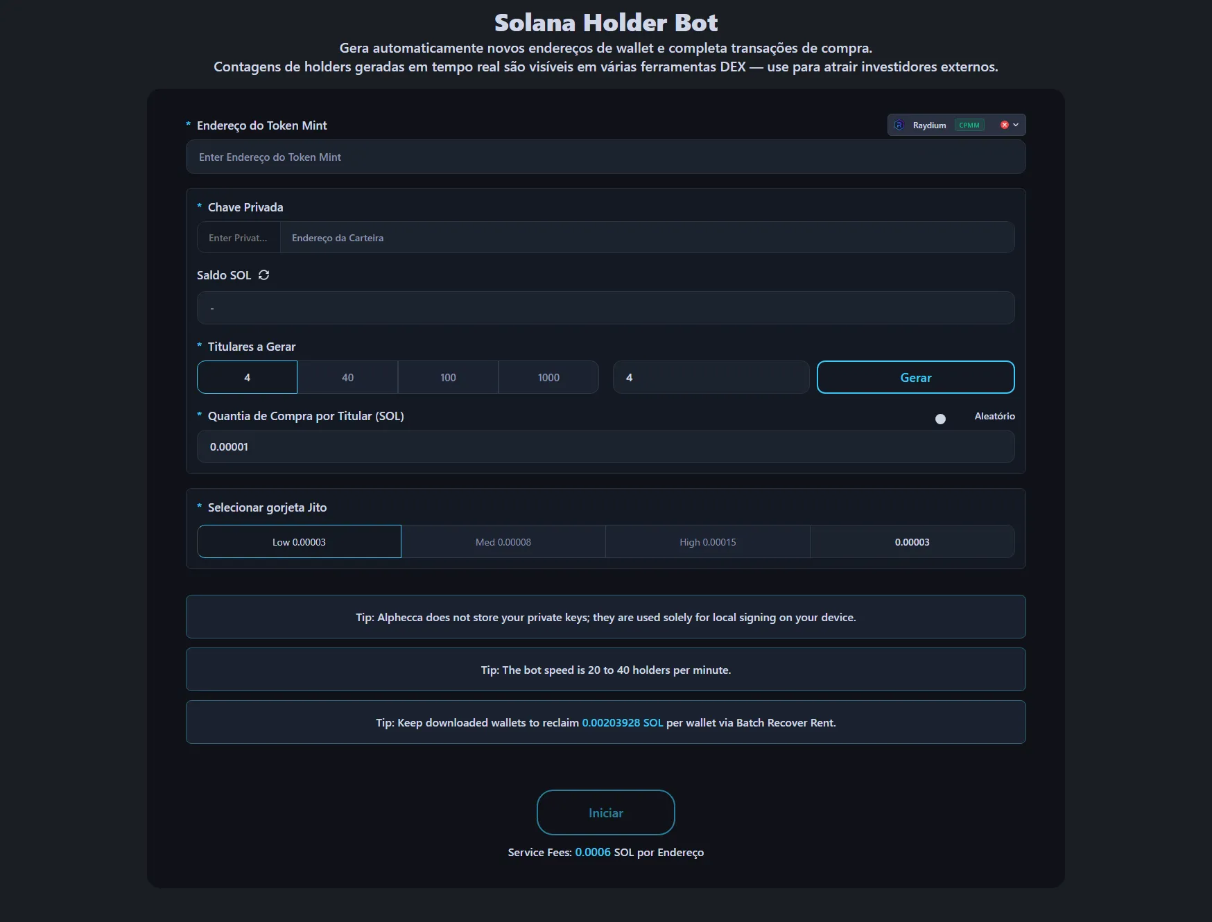A imagem mostra a interface do Bot de Holders na Solana da Alphecca Tool.