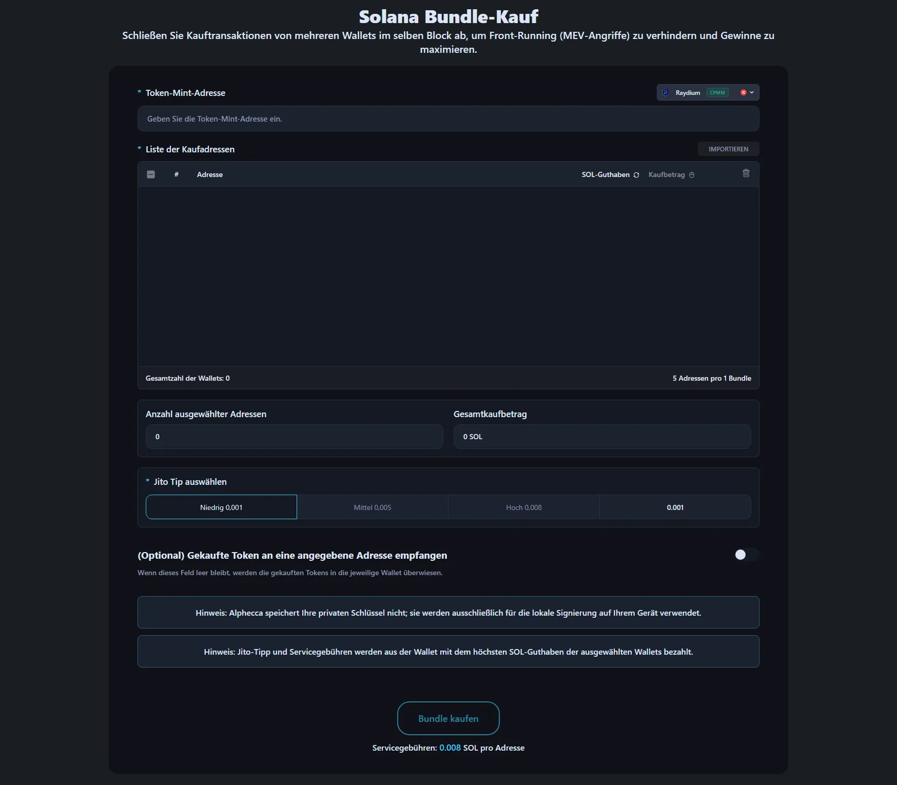 Alphecca Tools Solana Bundle Buy Oberfläche.