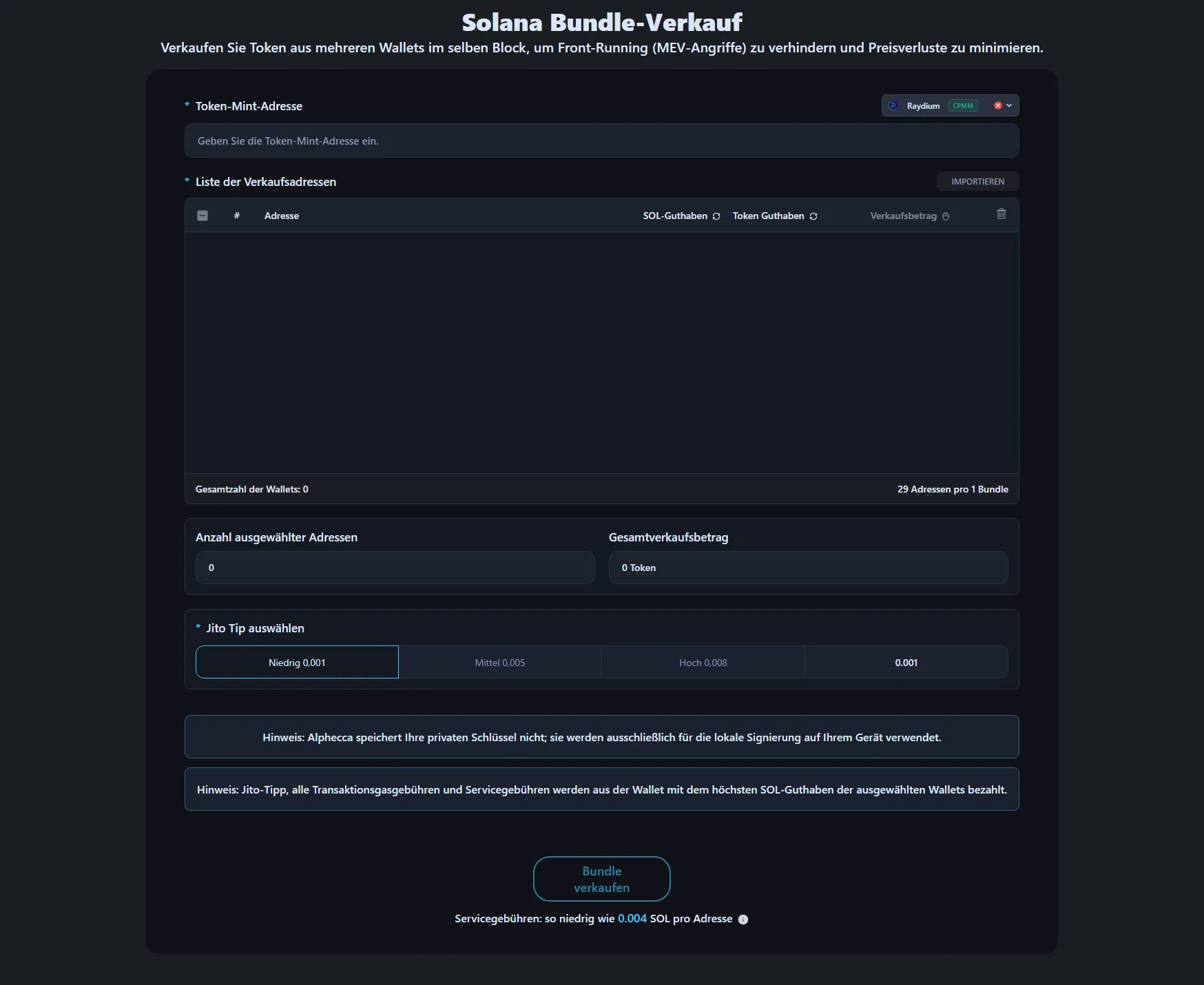 Alphecca Tools Solana Bundle Sell Oberfläche.