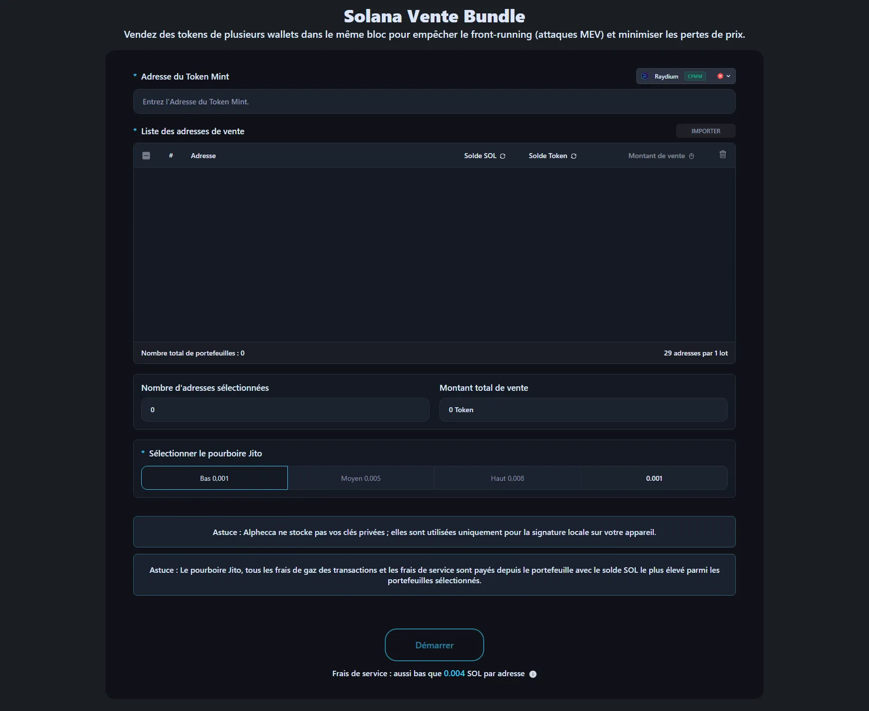 Interface Bundle Sell Solana d'Alphecca Tool.